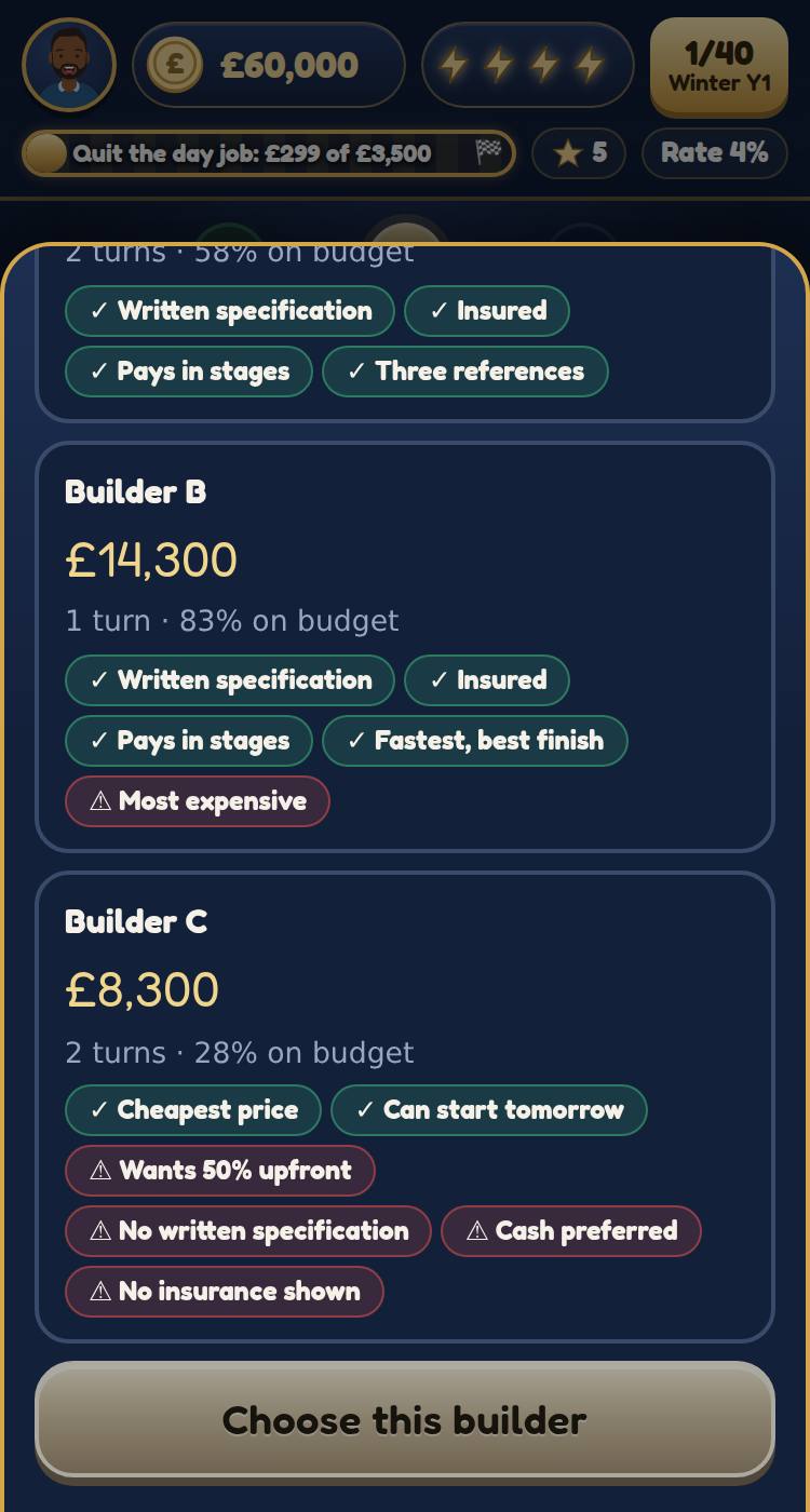 Three builder quotes; the cowboy wants 50% upfront and cash